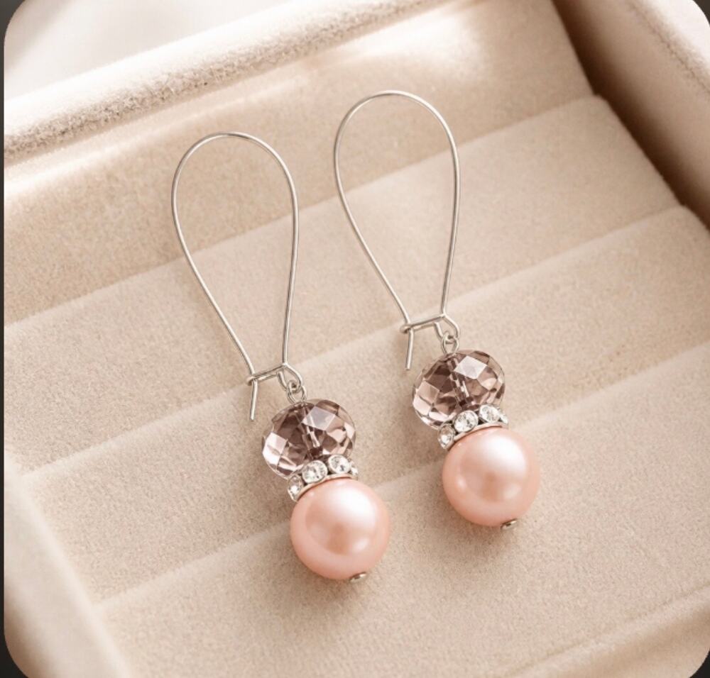 Pink Pearl & Ametrine Stone Rondelle Drop Earrings — Elegant Elongated Hooks